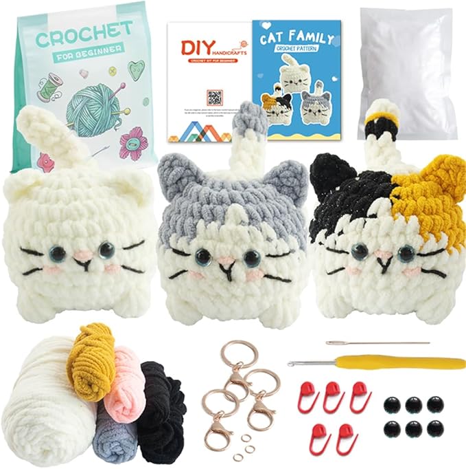 Linhao Jew Crochet Kit for Beginners – Knitting Kits Cute Animal Kitten Keychain with Pre-Started Easy Yarn, Step-by-Step Video Tutorials for Adults & Kids DIY Crafts (Kitten)