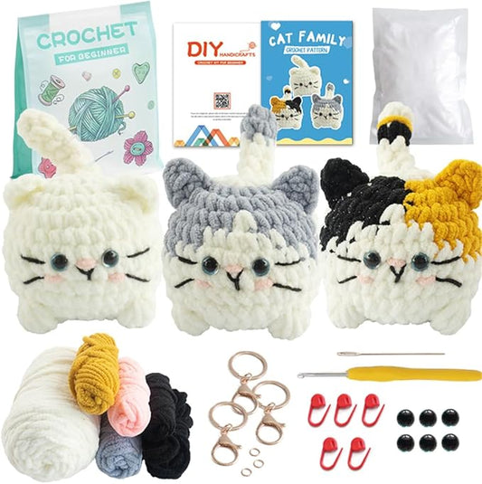 Linhao Jew Crochet Kit for Beginners – Knitting Kits Cute Animal Kitten Keychain with Pre-Started Easy Yarn, Step-by-Step Video Tutorials for Adults & Kids DIY Crafts (Kitten)
