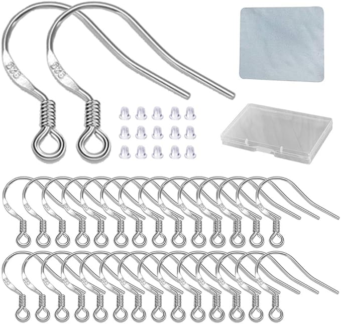 Hypoallergenic Silver Earring Hooks - 120 pcs/60 Pairs s925 Sterling Silver Plated Ear Wires for Jewelry Making, Jewelry findings Parts with 120 pcs Rubber Earring Backs Stopper for DIY Earrings