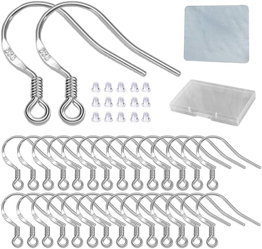 Hypoallergenic Silver Earring Hooks - 120 pcs/60 Pairs s925 Sterling Silver Plated Ear Wires for Jewelry Making, Jewelry findings Parts with 120 pcs Rubber Earring Backs Stopper for DIY Earrings
