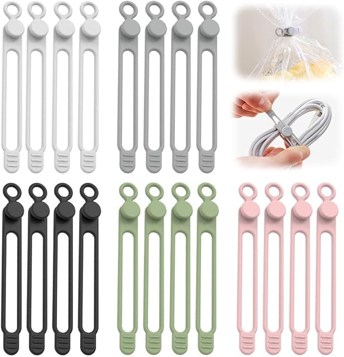 20PCS Silicone Cable Ties, 2025 New Upgrade Data Cable Organizer Ties, Reusable Cable Ties Wire Organizer for Bundling and Fastening Earphones, Phone Charger(5 Colors)