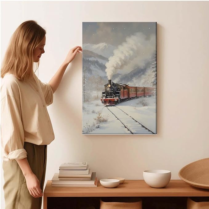 Framed Canvas Wall Art Christmas Print Train Painting Winter Scenery Landscape Snowy Railroad Wall Art Moody Christmas Decor 16x24in Wood Framed