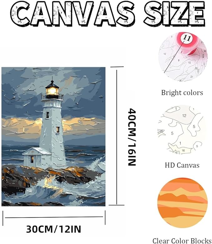 Mosaflare Paint by Numbers for Adults Beginner, Lighthouse Adult Paint by Number Kits on Canvas, DIY Acrylic Oil Easy Painting by Numbers for Home Wall Decor 12X16 inch (Without Frame)