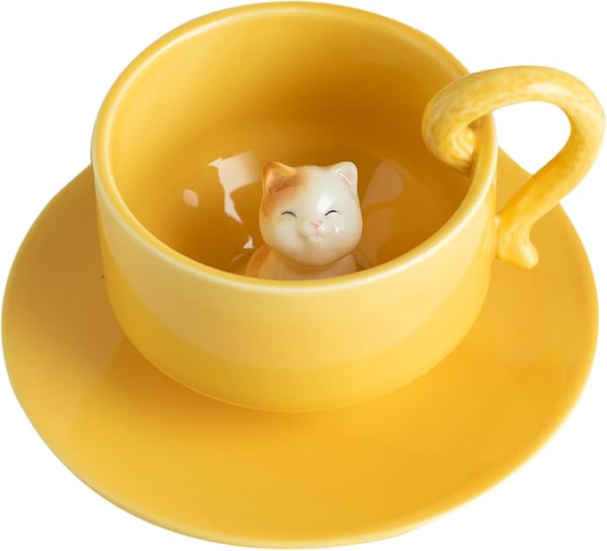 DIHOclub Ceramic Coffee Mug With Saucer 3D Cat Sculpture With Tail Handle - Elegant Office & Gift-Ready Tea Cup for Pet Lovers, Birthday, Christmas (Yellow Cat)