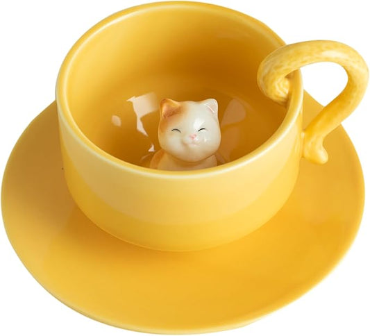 DIHOclub Ceramic Coffee Mug With Saucer 3D Cat Sculpture With Tail Handle - Elegant Office & Gift-Ready Tea Cup for Pet Lovers, Birthday, Christmas (Yellow Cat)
