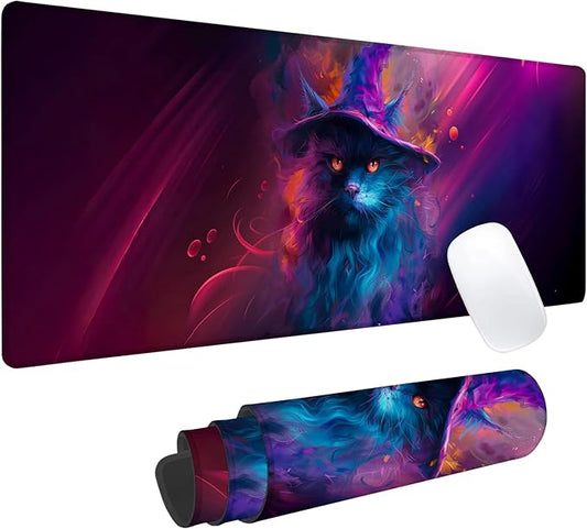 Witch Cat Gaming Mouse Pad, Office Desk Mat, Anti-Slip Rubber Base Cool Aesthetic Mouse Pads for Computer Laptop Keyboard School Home Desktop Gamer Home Accessories Decor 31.5" x 11.8"