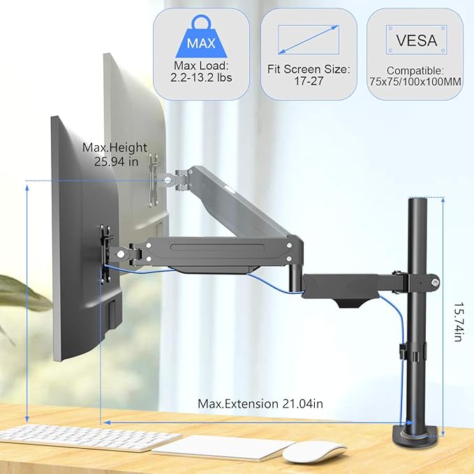 Suptek Single Monitor Mount Stand-Height Adjustable Gas Spring Monitor Arm Desk Mount for Computer Screen 32 inches,VESA Bracket with Clamp Grommet Mounting Base-Hold up to 13.222lbs (MD8411)