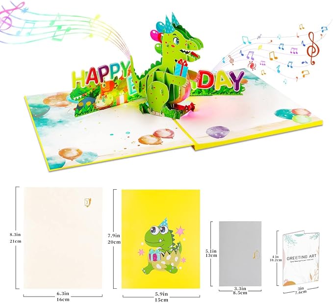 GREETING ART Dinosaur Musical Birthday Cards for Kids, Light & Music Pop Up Birthday Cards with Envelope, Dinosaur Theme Birthday Party Gifts for Son Grandson Women Men