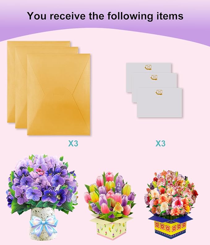 Magic Ants Pop Up Flower Bouquet Card Set – 3D Tulips, Violets & Carnations – Includes Blank Note Cards & Envelopes – for Mother's Day, Women's Birthdays, Get Well, Thank You, Sympathy