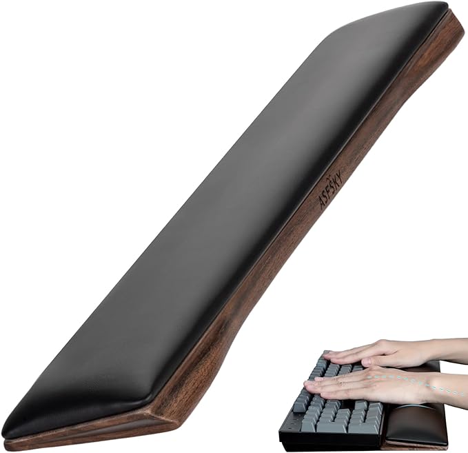 Keyboard Wrist Rest, Ergonomic Wooden Wrist Rest Memory Foam Wrist Pad with PU Leather, Non-Slip and Easy-to-Clean Design, Wrist Support for Mechanical Keyboard, Gaming & Office Use (Dark Brown Wood)