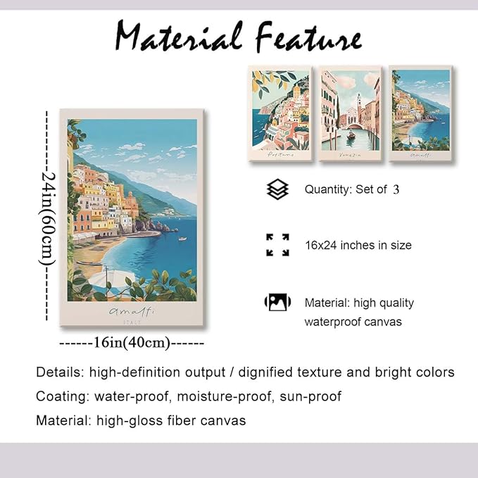 XLARTMY Italy Amalfi Coast Travel Posters Wall Art Framed Canvas Decor City Landscape Blue Venice Coast Painting Beach Modern Artwork for Living Room Bedroom Bathroom Office Set of 3 16x24in