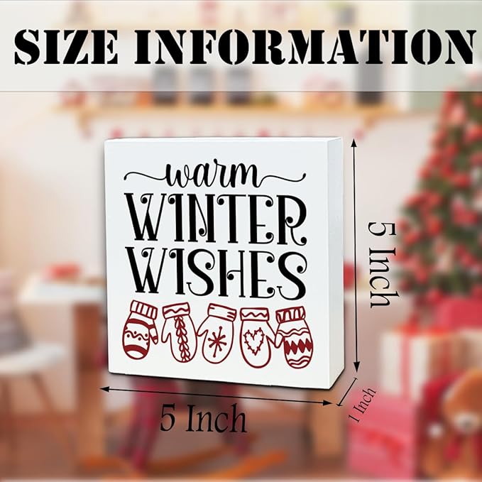 Christmas Wooden Desk Decor Sign, Warm Winter Wishes Wooden Box Sign, Winter Tabletop Home Plaque with Mittens Design, Holiday Farmhouse Decoration for Living Room Bedroom Office 5x5 Inches