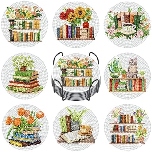 Diamond Art Coasters Kit for Adults, 8PCS Book Lover Coasters with Holder by GEEHEIY