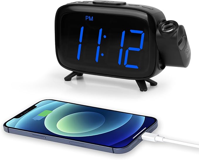 Digital Projection Alarm Clocks for Bedrooms - Large LED Display, 180° Rotatable Projector, 2-Level Dimmer,USB Charger,Battery Backup,Loud Dual Alarms for Kids Elderly,Heavy Sleepers,Snooze,12/24H,DST