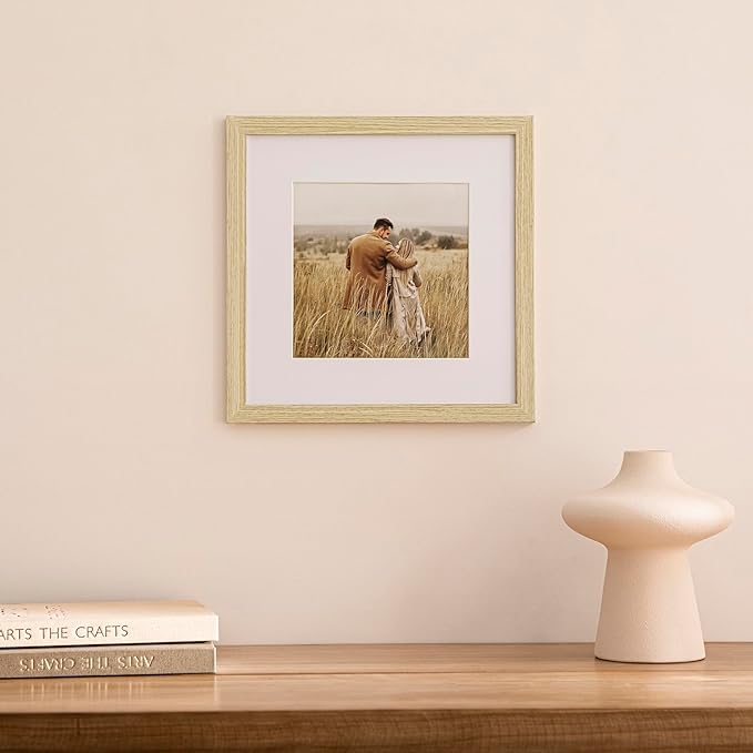 eletecpro 12x12 Picture Frames Set of 9 with Mat for 8x8 Photos or without Mat for 12x12, Square Gallery Wall Decor Collage for Picture Display, Natural Frame Set for Wall Hanging