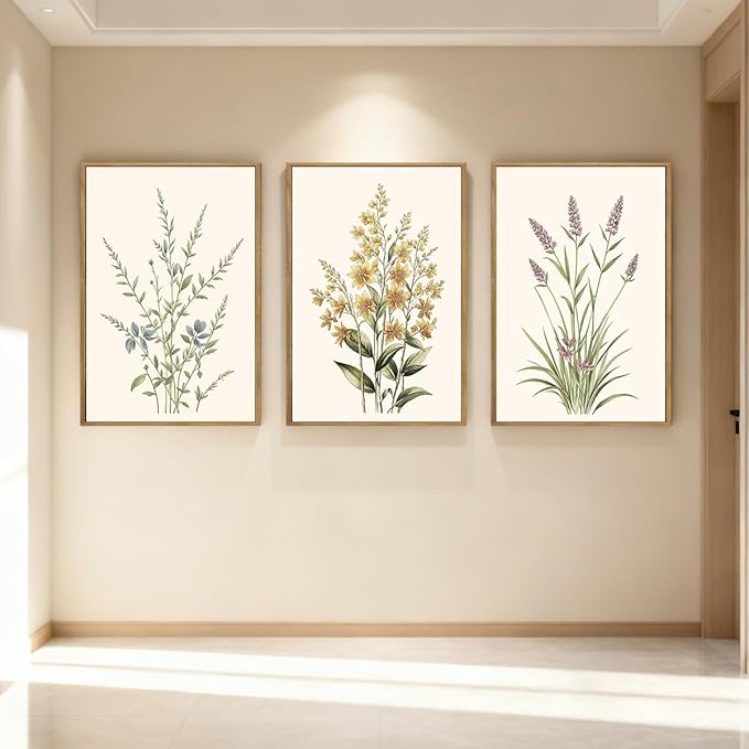 Anyzal Extral Large Neutral Floral Wall Art Beige Botanical Wall Decor Wildflower Painting 24x36 Inch Set of 3 for Living Room Bedroom Dining Room
