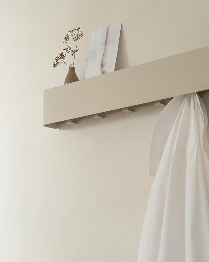 Kazai.®️ Coat Rack Wall Mount with Shelf 'Tone' | Modern Design Coat Hanger with Hidden Hooks and Storage | Hat Rack with Shelf in Metal | Wall-Mounted Purse Organizer | Taupe
