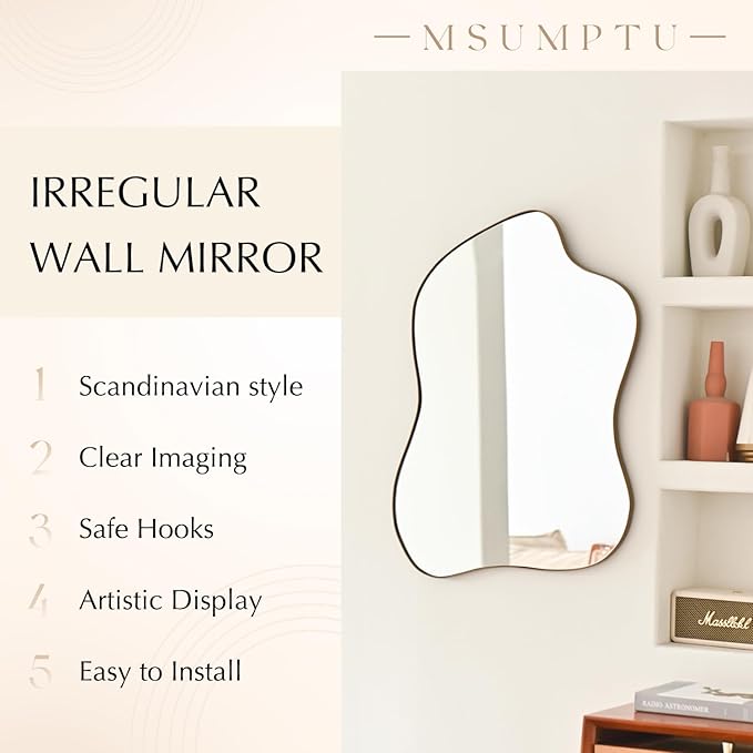 Irregular Wall Mirror Brass Wave Shaped Metal Framed Wall Mirror for Bathroom Bedroom Entryway Living Room Wall Decor 24" L x 18" W 2305B