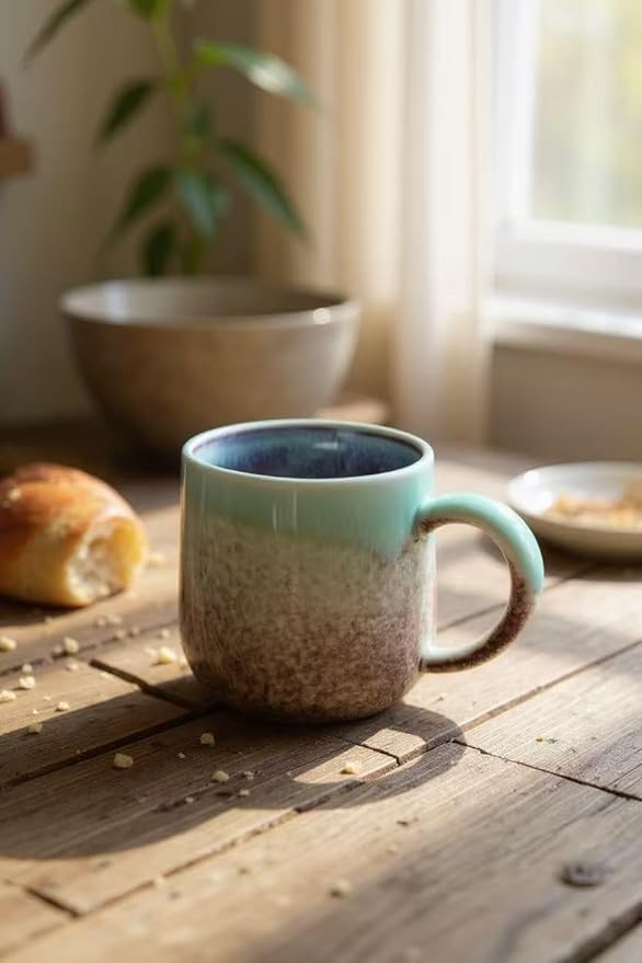 Handcrafted Ceramic Coffee Mug, Mint Blue and Pink, Textured Surface, Modern Design