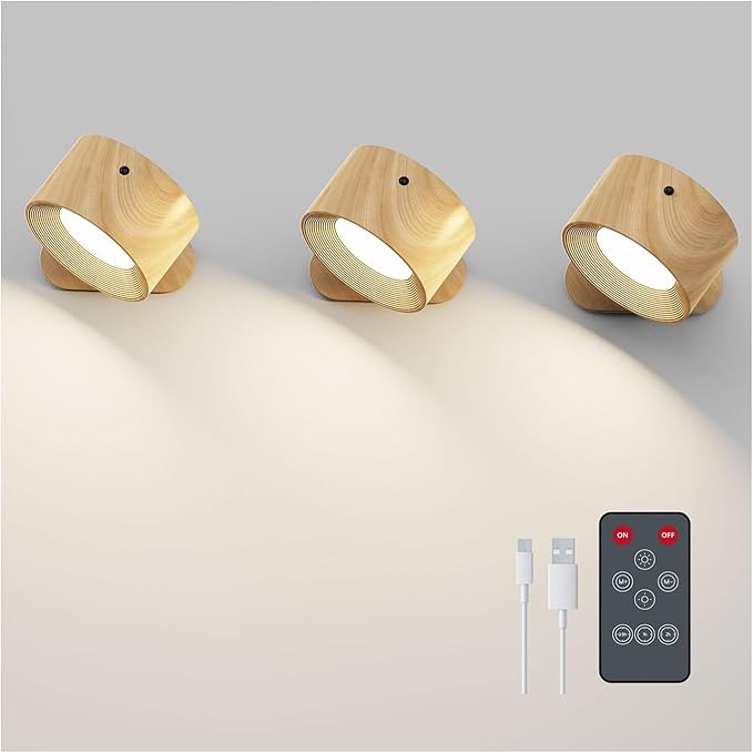 Romote LED Wall Sconce - Rechargeable Wall Light, 3 Colors & 3 Brightness Levels, 360° Magnetic Rotating Head, Bedside Reading Lamp, Easy Install Battery Operated Lamp Wood Pack of 3