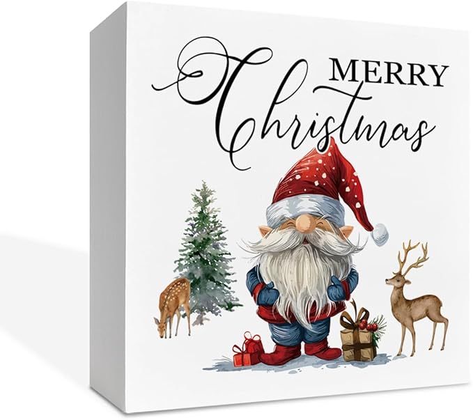 Cute Santa Snowman Wood Box Sign Desk Decor, Claus Snow Scene Wooden Block Sign, Winter Christmas Home Decorative Plaque for Living Room Bedroom Office Table Top Decor 5 x 5 Inches