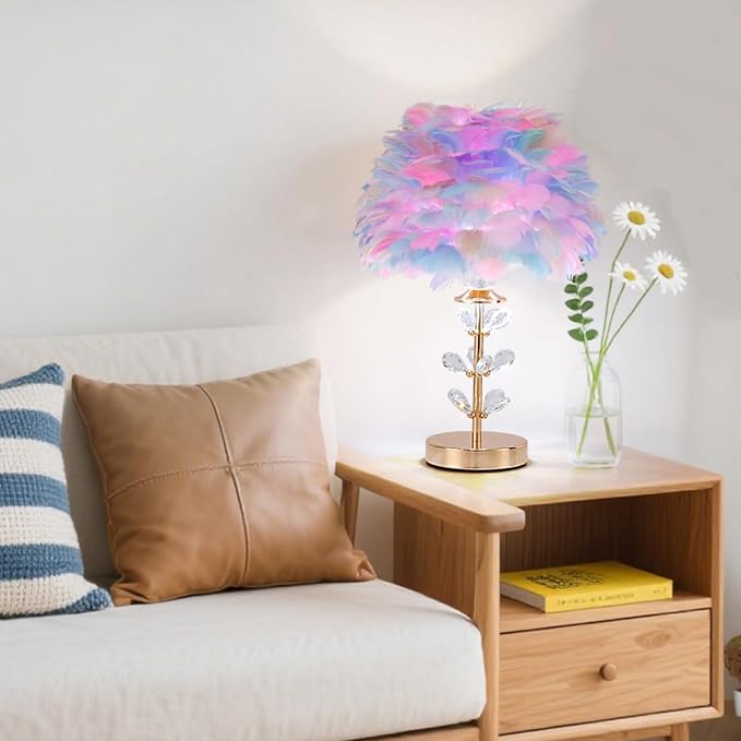 Colorful Feather Lamp Romantic Bedside Nightstand Lamp Creative FfluffyTable Lamp Modern Furry Desk Light for Princess Girls Bedroom Living Room Wedding Christmas Gift Deco Entry Office