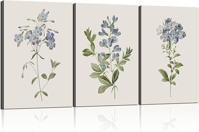 3 Pcs Framed Blue Botanical Canvas Wall Art Vintage Floral Plant Print Posters Rustic Farmhouse Minimalist Flower Decor for Living Room Bedroom 12x16 inch Ready to Hang