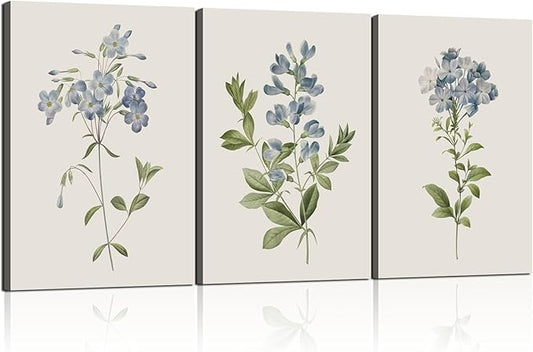 3 Pcs Framed Blue Botanical Canvas Wall Art Vintage Floral Plant Print Posters Rustic Farmhouse Minimalist Flower Decor for Living Room Bedroom 12x16 inch Ready to Hang