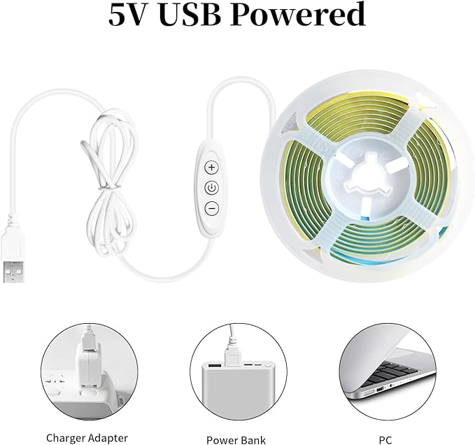 iNextStation 6.6ft 2M Blue COB LED Strip Light, 5V USB 640LEDs COB LED Strip with Dimmer, CRI 93+, Flexible COB LED Tape Lights for TV Backlight, Bedroom, Mirror, Wardrobe, Home Decor