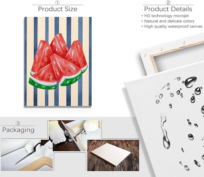 Watermelon Watercolor Wall Art – Fresh Summer Fruit Canvas Print – Blue Stripe Kitchen Decor – Watermelon Slice Illustration Poster 24x32inch-Framed