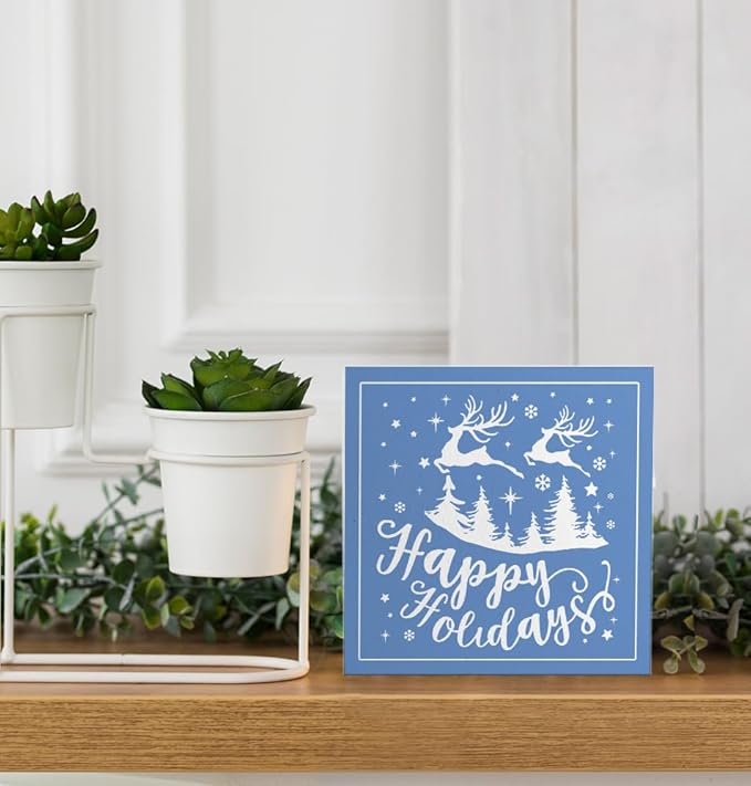 Happy Holiday Christmas Wooden Box Sign, Christmas Desk Decor, Farmhouse Christmas Trees Reindeer Snowflake Xmas Wood Signs for Home Office Table Shelf Decoration, 5x5 Inch(blue)