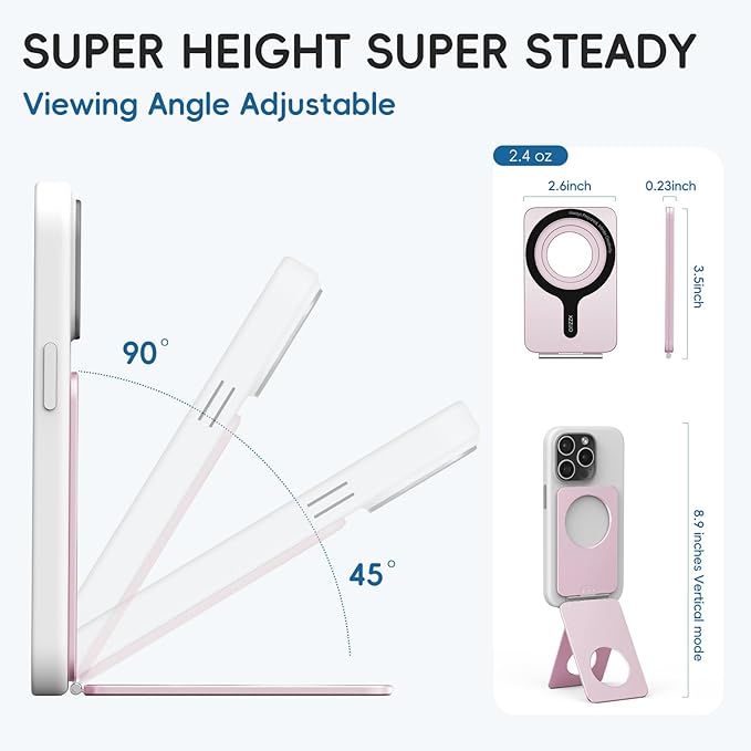 Cell Phone Stand,Adjustable Height and Angle Foldable Phone Holder for Desk, Aluminum Cell Phone Holder,Strong Magnetic Phone Stand Compatible with iPhone 16/15/14/13/12 Series (Pink)
