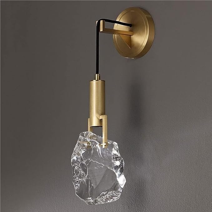 Modern Brass Wall Sconce Natural Irregular Crystal LED Wall Light Minimalist Luxury Gold Finish Wall Lamps for Bedroom Living Room Hallway Entryway Accent Lighting