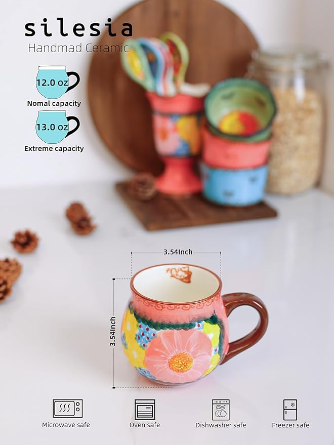 silesia Handmade Coffee Mug with Handle, 12 Ounce Ceramic Hand-Painted Flower Mugs for Home and Kitchen in Gift Box, Oven, Dishwasher & Microwave Safe (Glazed Pink)