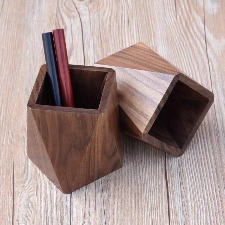 Wooden Pen Holder for Desk, Multi-Functional Pen Cup Pencil Holder for Office School Supplies Storage, Black Walnut Desk Organizer and Accessories（Prismatic） - Image 2