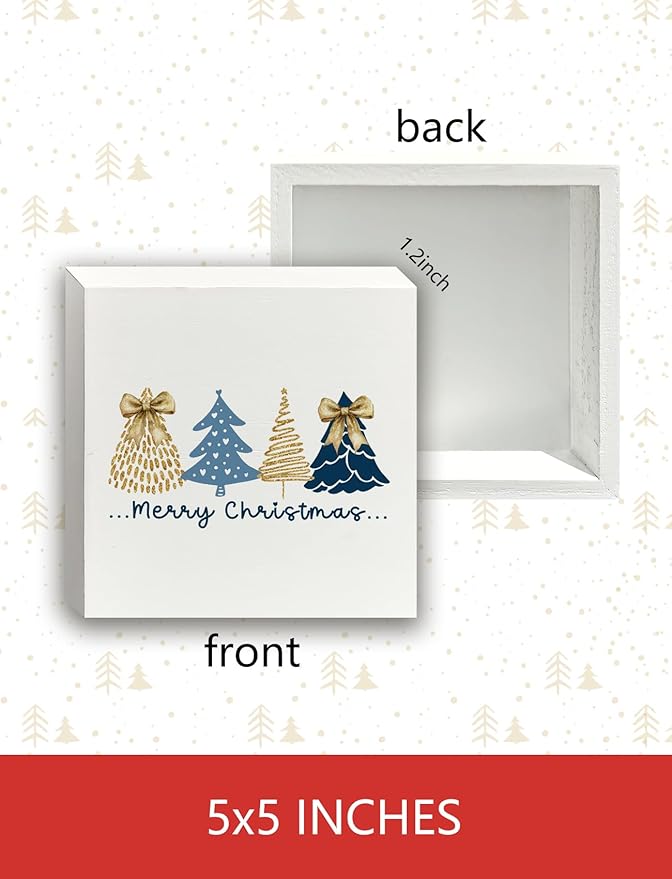Coquette Navy Blue and Gold Christmas Tree Wooden Box Sign, Christmas Desk Decor, Preppy Girly Xmas Tree Winter Wood Signs for Home Office Desk Shelf Tabletop Decor, 5x5 Inch Decorative Signage