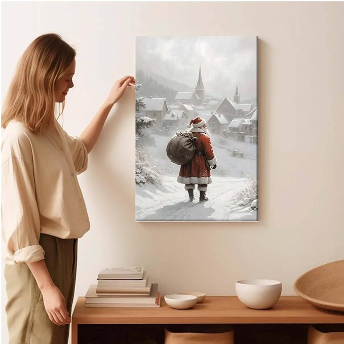 Framed Canvas Wall Art Vintage Santa Claus Wall Art Farmhouse Christmas Print Festive Holiday Home Decor Santa Claus Painting 8x12in Wood Framed