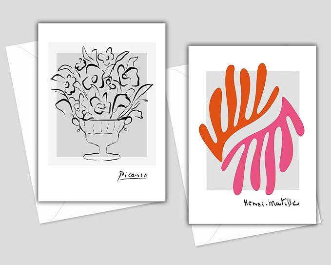 Matisse & Picasso Greeting Cards - Set of 10 All Occasion 5x7 Note Cards with Envelopes. Blank Inside. Assorted Modern Abstract Minimalist Designs.