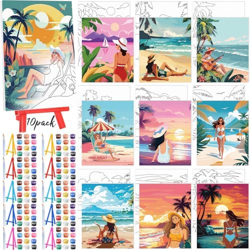 Blosssound 10 Set Pre Printed Canvas Pre Drawn Canvas Painting with Easel Kits 5" x 7" Outline Painting Panels for Beginners, DIY Craft Project, Party Favor, Home Decors(Hawaii Women) by Blosssound