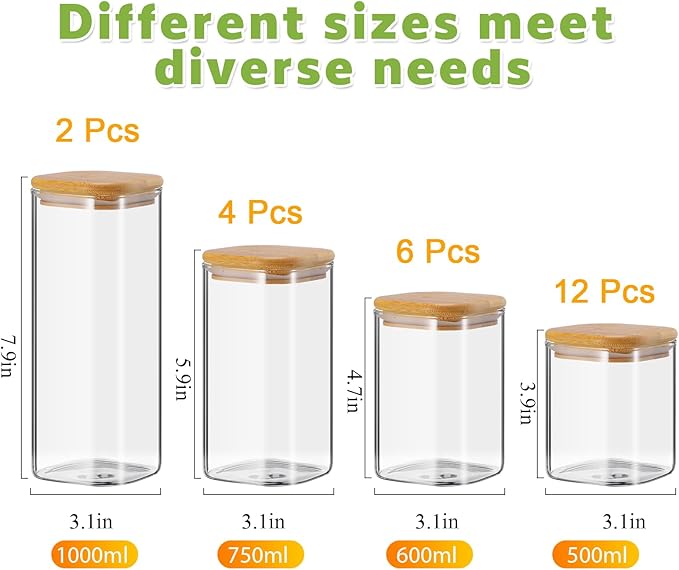 24 Pcs Glass Storage Jars with Bamboo Lids 4 Size Glass Storage Containers Pantry Food Containers Clear Airtight Square Jars for Candy Cookie Kitchen Sugar Pasta Nuts Pantry Organization