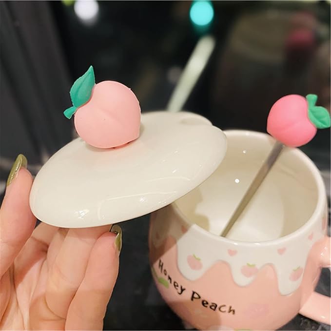 Coffee Mug Cups Ceramic Tea Cup Fruits Peach Shaped Handmade Pottery Cute Mugs With Lid Spoon Handle Office Home Hot Ice Chocolate Milk Mugs Gifts Microwave Dishwasher Safe Travel Mugs (Rose)