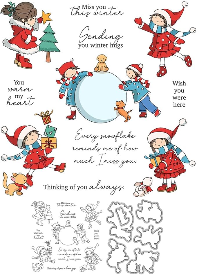 Christmas Children Stamps and Cutting Dies for Card Making DIY Transparent Silicone Clear Stamp and Metal Die Cuts Sets for Scrapbooking Paper Greeting Cards Decor Seals Craft Supplies