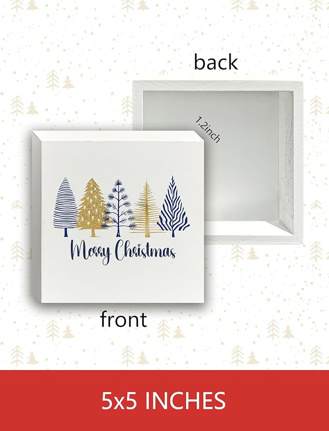 Navy Blue Gold Christmas Tree Wooden Box Sign, Christmas Signs for Home Decor, Minimalist Xmas Tree Wood Signs for Home Office Desk Shelf Tabletop Decor, 5x5 Inch Decorative Signage