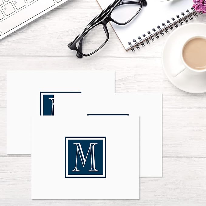 Navy Monogram White Personalized Note Cards - Set of 24, Envelopes Included, 4.25" x 5.5", Initial