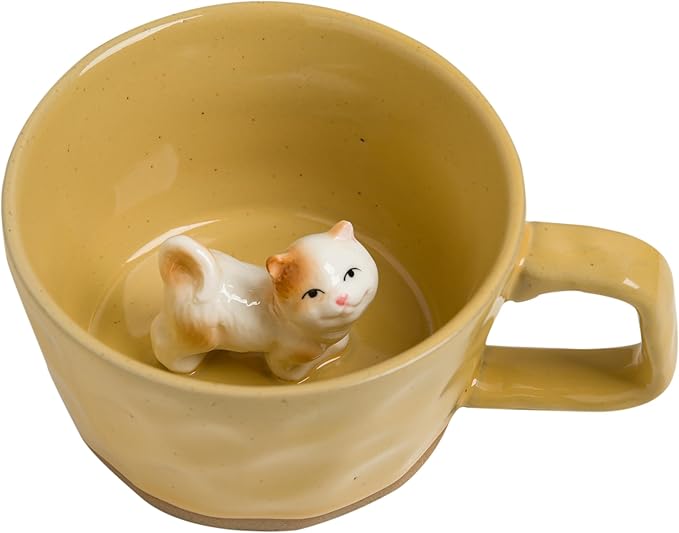 DIHOclub Farmhouse Ceramic Coffee Mug with Animal Figurine – Rustic Stoneware Cup, Matte Finish, Ideal for Breakfast & Home Decor (Yellow Cat)