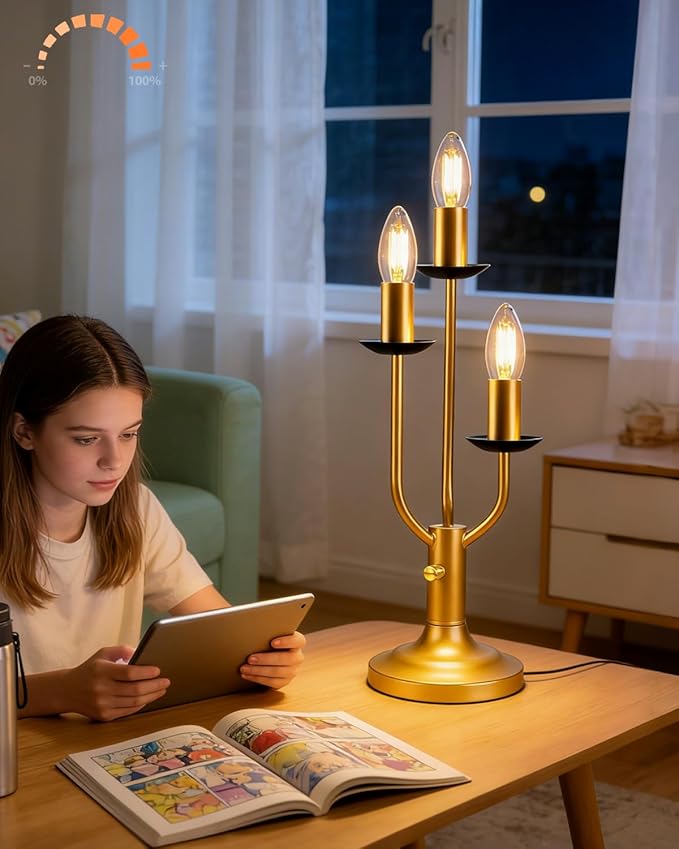 Lightdot Vintage Candle Table Lamp 3 - Light Candelabra Desk Lamp for Wedding/Party, 3000K Warm White Mid Century Nightstand Lamp Dimmable Bedside Lamps for Bedroom/Dining - Gold