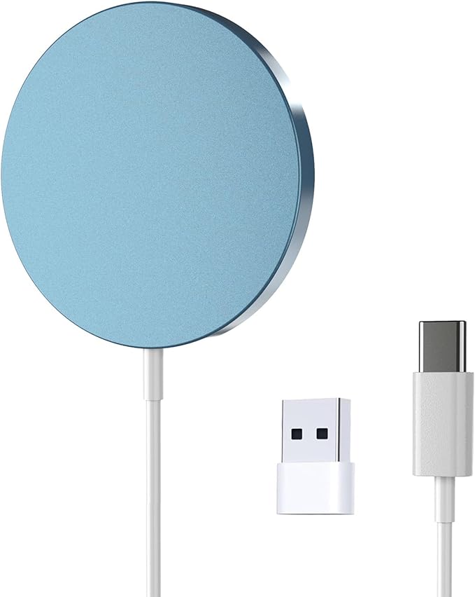 for MagSafe Charger 15W Magnetic Wireless Charging Pad for iPhone 17 16 15 14 13 12 Air Pro Max Plus mini/AirPods 2 3 Pro, Slim Portable Strong Magnet Quick Charger, Dual USB-C/A Ports-Blue