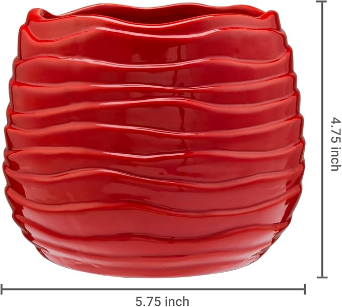 MyGift 5.5 Inch Modern Red Ceramic Plant Pot with Drainage Hole and Decorative Wavy Design, Small Succulent Planter Container