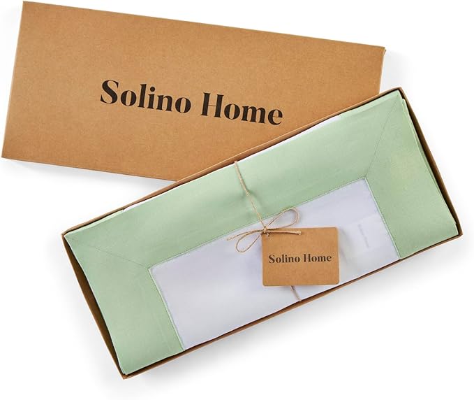 Solino Home Linen Table Runner 60 Inches - 100% Pure Linen Light Green and White Small Table Runner 14 x 60 Inch Ideal for Dresser and Coffee Tables, Spring, St Patricks Day, Easter - Contempo