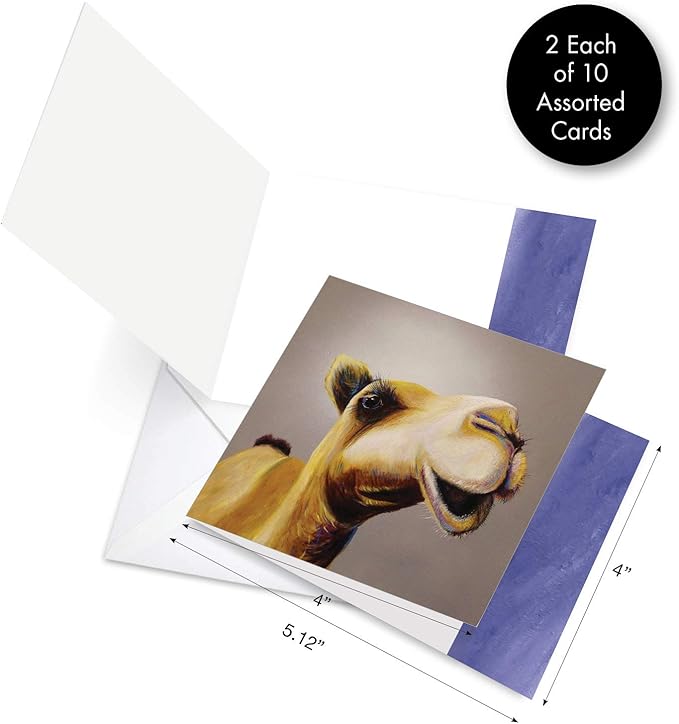 The Best Card Company - 20 Bulk Animal Note Cards Blank (4 x 5.12 Inch) - Fun Assorted Notecards with Envelopes (10 Designs, 2 Each) - Animal Magnetism AMQ6218OCB-B2x10